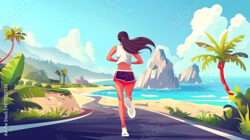 Cartoon illustration of a woman running, jogging exercise, or marathon, outdoors training Cartoon illustration of a woman running, jogging exercise, or marathon, outdoors training.
