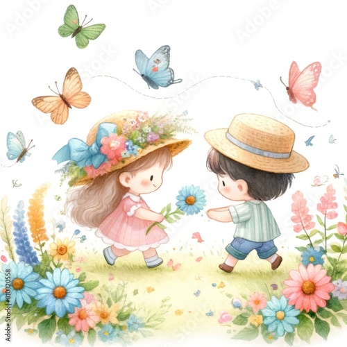 Two children are playing in a field of flowers
