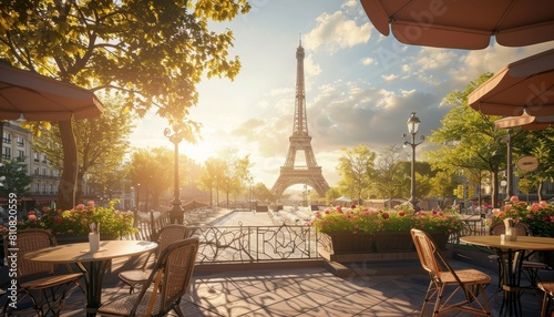 Tavolo all'aperto in un bar con vista sulla Torre Eiffel