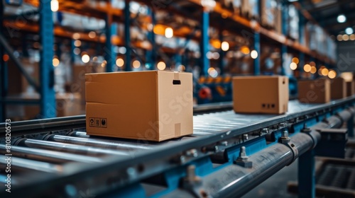 Closeup of multiple cardboard box packages seamlessly moving along a conveyor belt in a warehouse fulfillment center, a snapshot of e-commerce, delivery, automation, and products.
