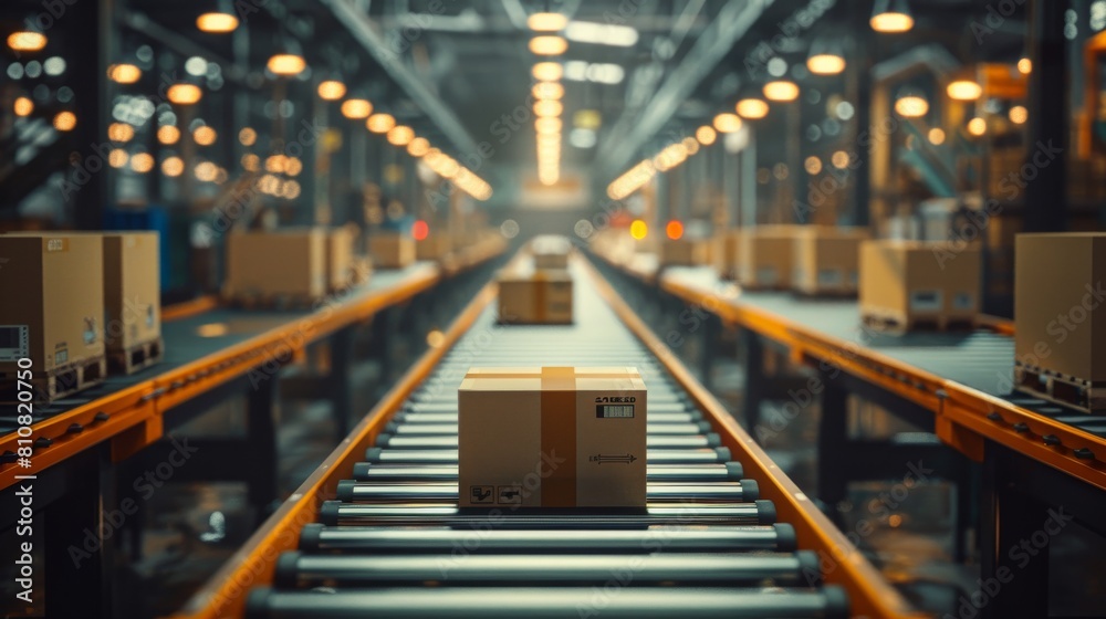 Closeup of multiple cardboard box packages seamlessly moving along a conveyor belt in a warehouse fulfillment center, a snapshot of e-commerce, delivery, automation, and products.