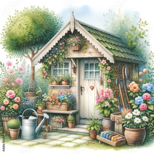 A watercolor painting of a garden shed surrounded by flowers and plants © ItziesDesign