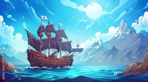 Cartoon modern illustration with a parallax background showing a pirate ship in the sea, a filibuster battleship with black sails, a flag, and a jolly roger floating on the surface of the ocean, with