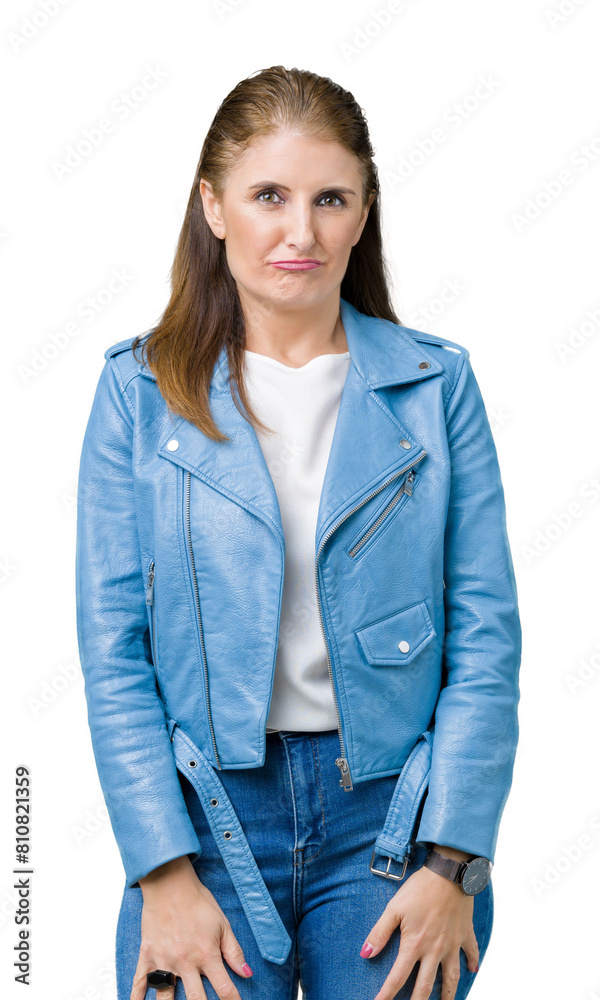 Beautiful middle age mature woman wearing fashion leather jacket over isolated background depressed and worry for distress, crying angry and afraid. Sad expression. Beautiful middle age mature woman wearing fashion leather jacket over isolated background depressed and worry for distress, crying angry and afraid. Sad expression.