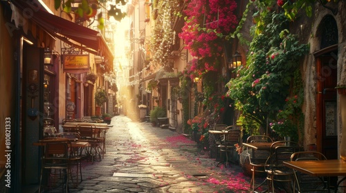 Vista Romantica di un bar sul vicolo fiorito italiano  con raggio di luce del tramonto