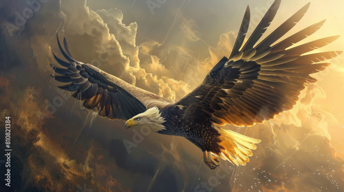 Majestic eagle soaring over fiery clouds at sunset