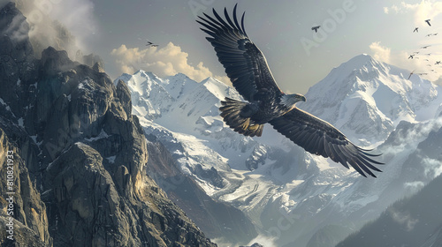 Majestic eagle soaring over snowy mountain peaks