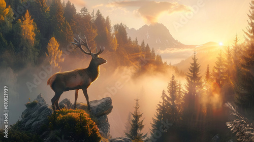 Majestic deer on a foggy mountain at sunrise