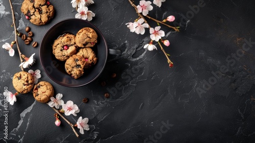 a navy cup of coffee paired with a few cookies, adorned with delicate sakura blossoms on the table, in a close-up shot.