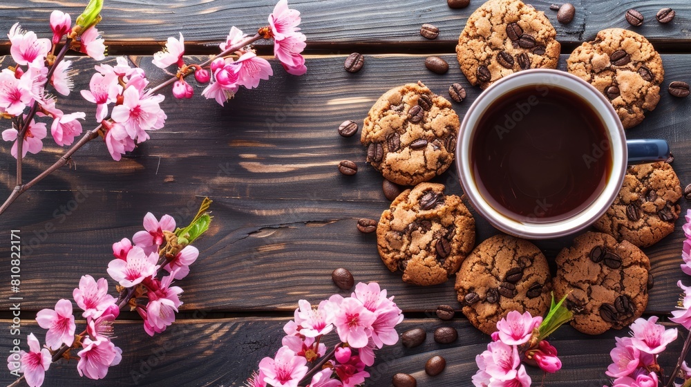 a navy cup of coffee paired with a few cookies, adorned with delicate sakura blossoms on the table, in a close-up shot. a navy cup of coffee paired with a few cookies, adorned with delicate sakura blossoms on the table, in a close-up shot.