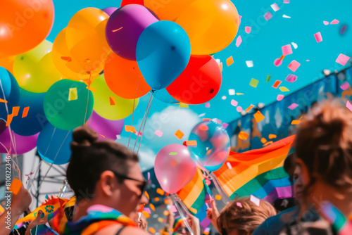 People rallying for LGBTQ+ rights at a Pride month parade with diversity and rainbow flags