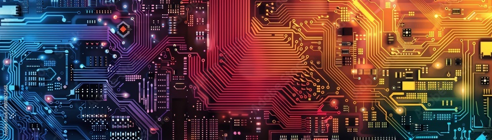 Close-up of a rainbow color circuit board with the focus on the central processing unit Close-up of a rainbow color circuit board with the focus on the central processing unit