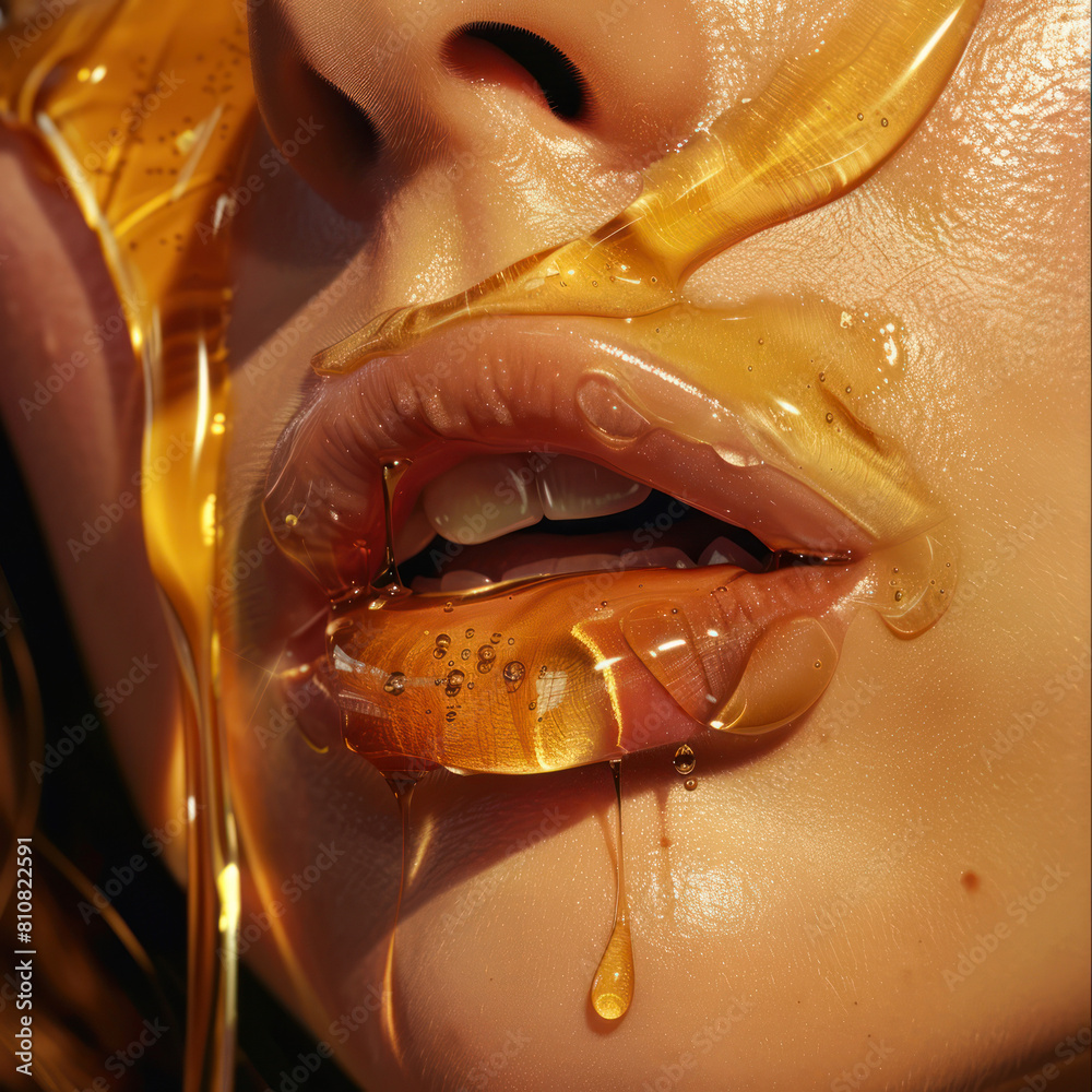 Obraz premium Beautiful young woman with golden lips makeup and manicure. Close-up.