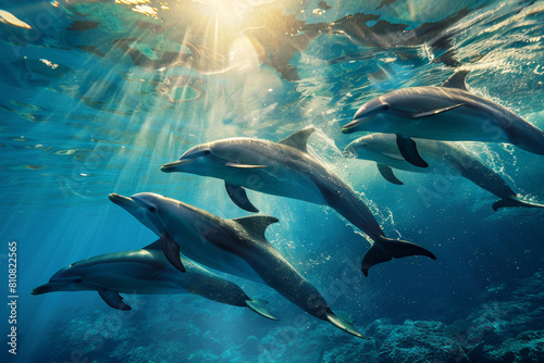 Delfini che nuotano felici, vista da sott'acqua photo