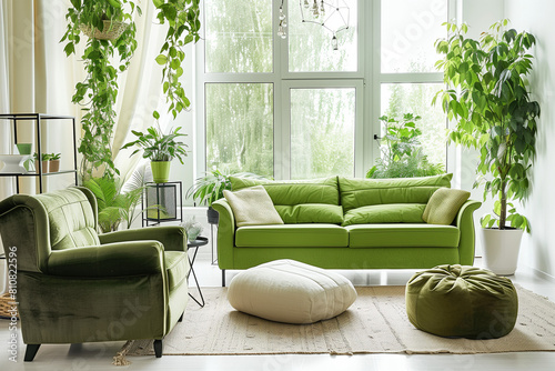 Light-Filled Haven Living Room Bliss Sofa Armchair Pouf and Verdant Greens Radiant Design Elevating Comfort with Natural Charm