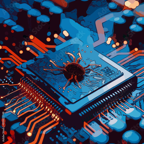 EPROM chip, spider-like, motherboard, digital web, Matrix style, glowing lines, malware, sinister, dark, eerie, intricate, bug image, stylized, infestation, digital lines, pins, glowing web, computer,