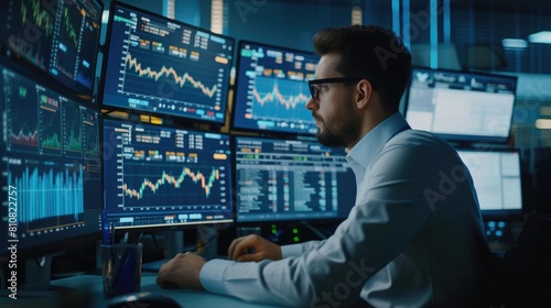 Professional investor sitting while looking financial graph from laptop desktop. Businessman analyzing stock market statistic chart while typing at keyboard and making decision for investment. AIG42.