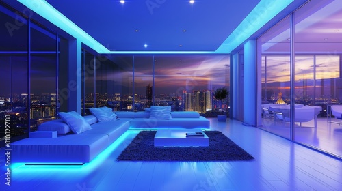 A luxurious urban living room featuring sleek modern design  ambient blue lighting  and dramatic cityscape views from expansive floor-to-ceiling windows.