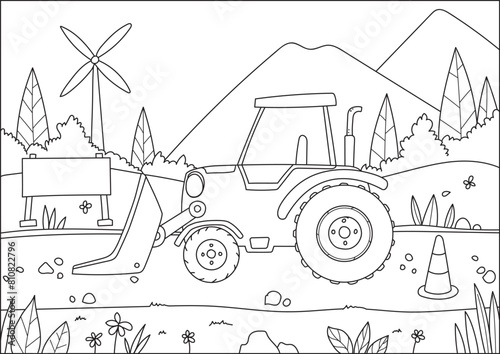 hand drawn illustration of a tractor. bulldozer coloring pages for kids and adults. Vector illustration