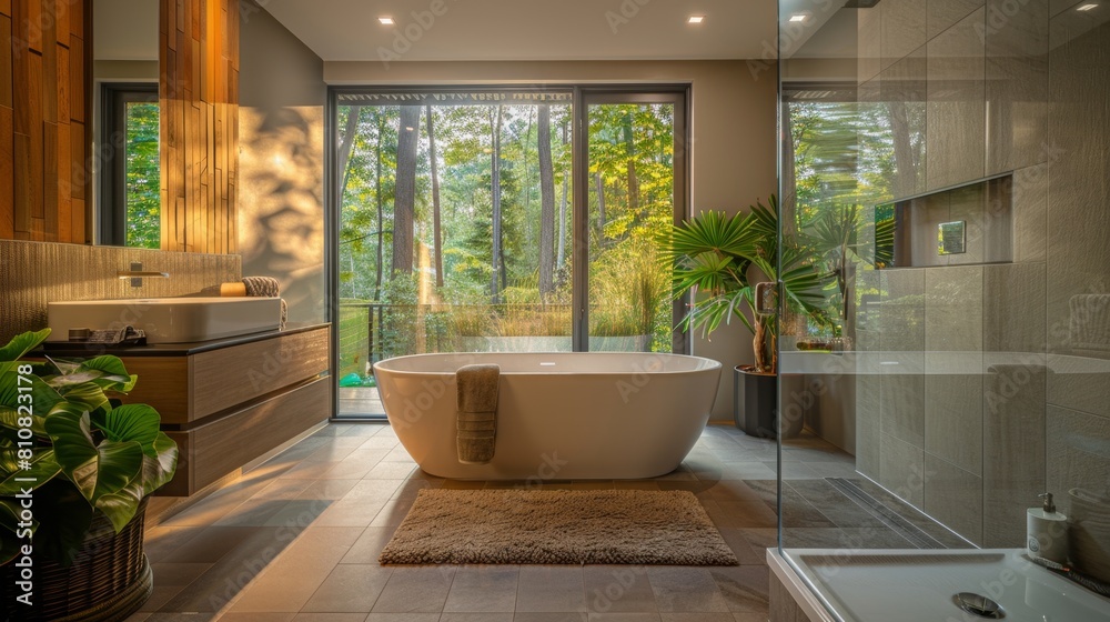Inviting bathroom design featuring a jacuzzi tub surrounded by natural greenery and soft candlelight, creating a serene spa-like atmosphere. Inviting bathroom design featuring a jacuzzi tub surrounded by natural greenery and soft candlelight, creating a serene spa-like atmosphere.