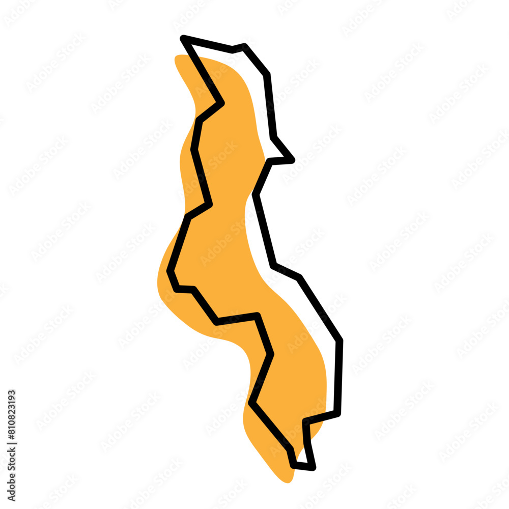 Malawi country simplified map. Orange silhouette with thick black sharp contour outline isolated on white background. Simple vector icon Malawi country simplified map. Orange silhouette with thick black sharp contour outline isolated on white background. Simple vector icon