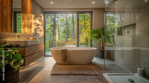 Inviting bathroom design featuring a jacuzzi tub surrounded by natural greenery and soft candlelight  creating a serene spa-like atmosphere.