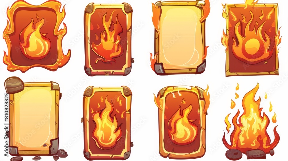 Cartoon shapes of fire and bonfire, rectangle, square, round, and heart ...