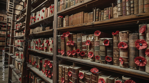 Memorial Day sries signified by poppy-covered books in an old library.