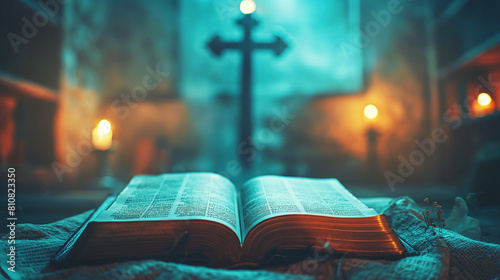 candlelight, with a large cross in the background of a dimly lit church with copy space.