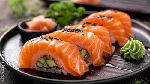 salmon sushi slices on a black plate with sauce and wasabi,Japanese food --ar 16:9 Job ID: 33c71ee5-1273-45f4-a09e-829a1dffed6e