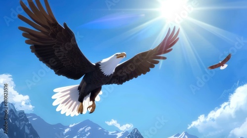 Memorial Day American Bald Eagle Soaring Against A Blue Sky  Symbolizing Freedom And Strength  Background