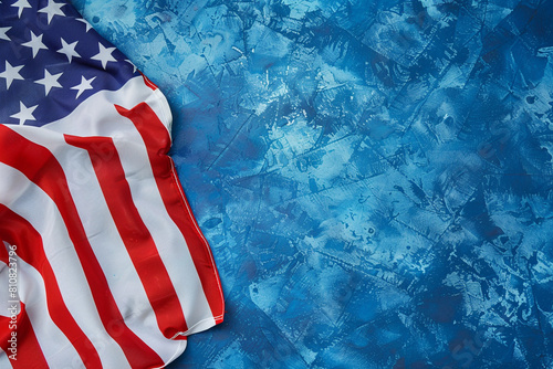American flag displayed on a cobalt blue backdrop  Memorial Day celebration. photo