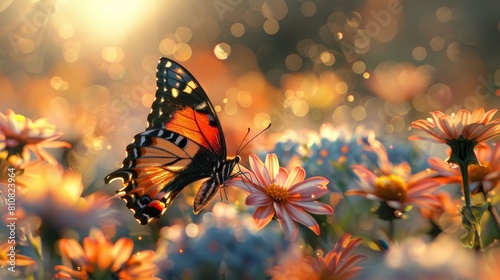 A butterfly is flying over a field of flowers