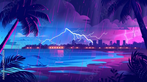 Modern parallax background for 2D animation with cartoon illustration of sand beach with palm trees  town  and thunderstorm with lightning in rainy tropical landscape.