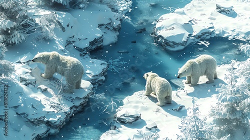 Capture the Frozen Tundra Wildlife in a mesmerizing aerial view, showcasing the majestic polar bears and arctic foxes amidst the icy landscape, rendered in photorealistic detail photo