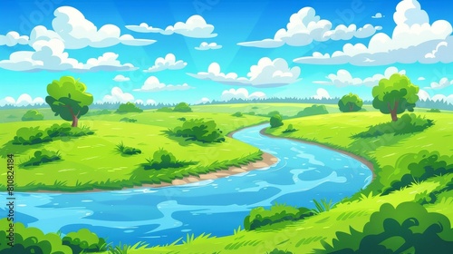 Animated 2D landscape with lush green fields and a river or creek flowing through, separated graphic layers for game animation, modern illustration.