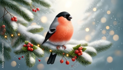 Bullfinch bird on snow covered christmas decorated tree branch, Christmas lights. Winter holiday theme. happy New Year, space for text 