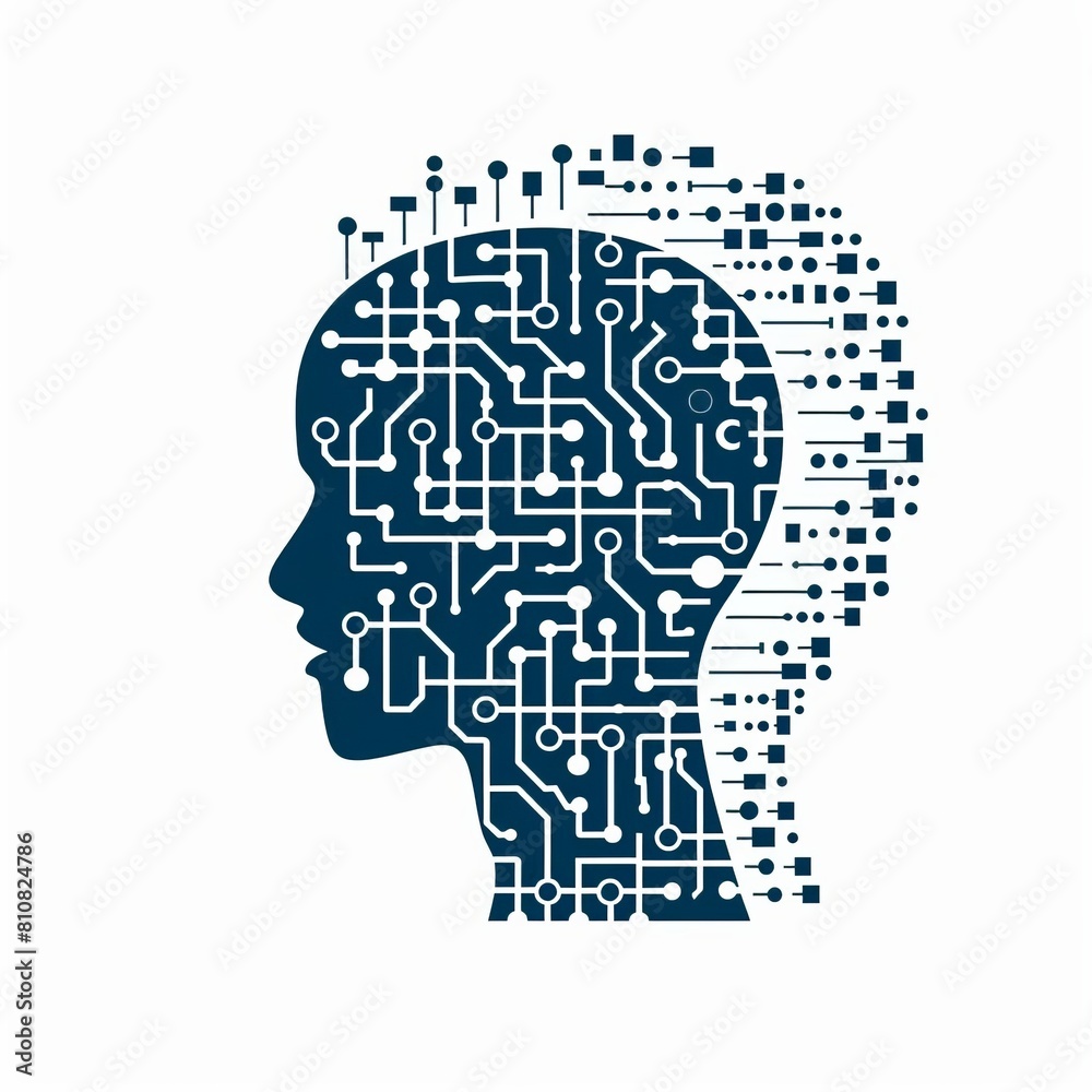 Human head tech icon, AI chip technological brain, Artificial intelligence, Simple flat design symbol, Isolated on white background, Vector illustration, photography Human head tech icon, AI chip technological brain, Artificial intelligence, Simple flat design symbol, Isolated on white background, Vector illustration, photography