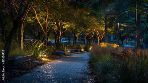 abstract light patterns in urban parkscapes create a serene and captivating atmosphere  with a lone tree standing tall in the foreground and a clear blue sky overhead