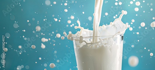 Pouring fresh milk into a glass with splashes on a blue background. 