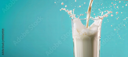 Pouring fresh milk into a glass with splashes on a blue background. 