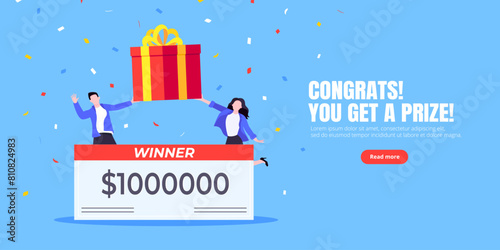Happy lottery winners with big prize paycheck. Fortune lottery or casino gambling lucky games concept flat style design vector illustration. People jumps in the air with trophy cheque.