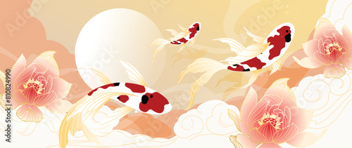 Luxury Chinese background vector. Chinese and Japanese wallpaper pattern design of elegant koi fish, lotus flower with watercolor texture. Design illustration for decoration, wall decor, banner, ads.