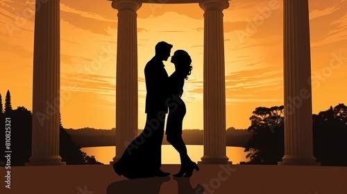 A couple is standing in front of the Washington Monument at sunset. The man is holding the woman in his arms and they are looking at each other