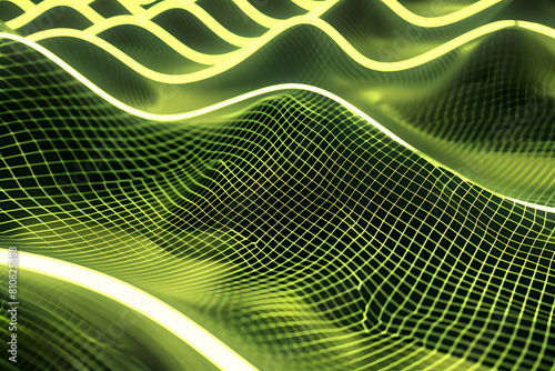 Green neon lines form waves on black backdrop. Abstract background