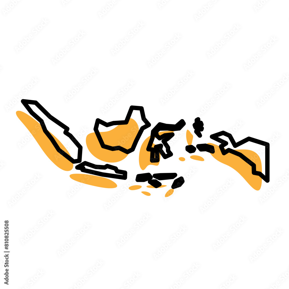 Indonesia country simplified map. Orange silhouette with thick black sharp contour outline isolated on white background. Simple vector icon Indonesia country simplified map. Orange silhouette with thick black sharp contour outline isolated on white background. Simple vector icon