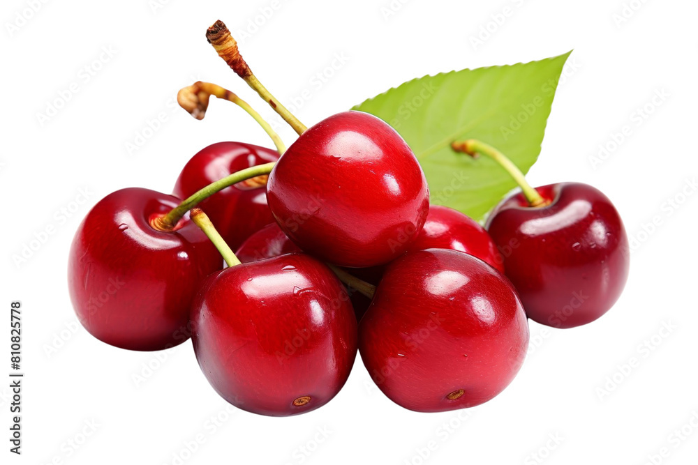 A bunch of red cherries with green leaves on top. The cherries are ripe and ready to eat A bunch of red cherries with green leaves on top. The cherries are ripe and ready to eat