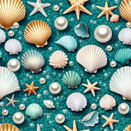 Seamless pattern of ocean nature elements, seashell, starfish, pearl, mollusk, glass, stone, wave, sand, beach, underwater on blue background, wallpaper, flier, banner, card, wrapping paper, backdrop.