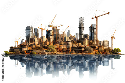 A city skyline with a large crane in the middle. The city is being built on a body of water