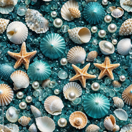 Seamless pattern of ocean nature elements  seashell  starfish  pearl  mollusk  glass  stone  wave  sand  beach  underwater on blue background  wallpaper  flier  banner  card  wrapping paper  backdrop.